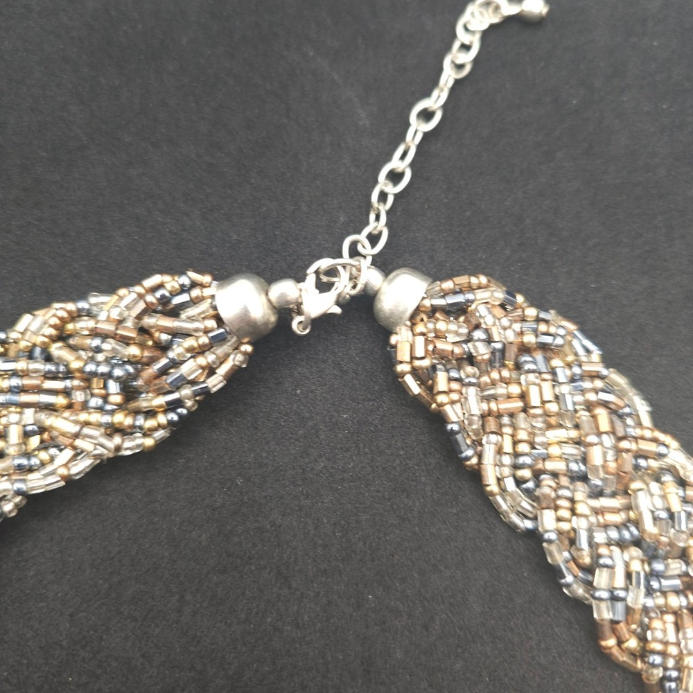 Braid Seed Bead Statement Necklace 21" Torsade Bronze Gold Tones Bib Boho Earthy - Picture 4 of 12